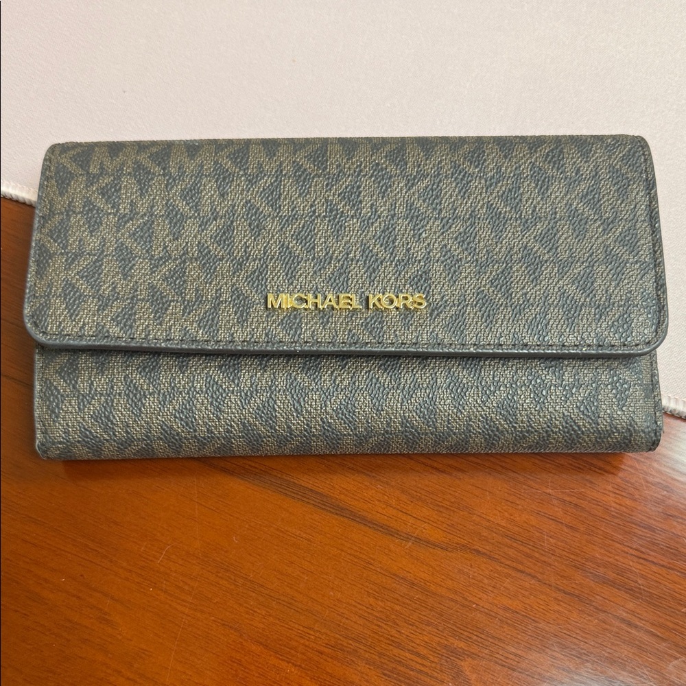 Michael Kors Blue Signature Continental Wallet with Gold Logo